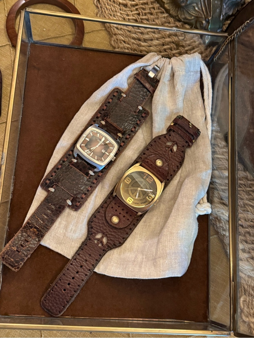 Unisex-Vintage Fossil and a Lucky Brown Leather Cuff Watch